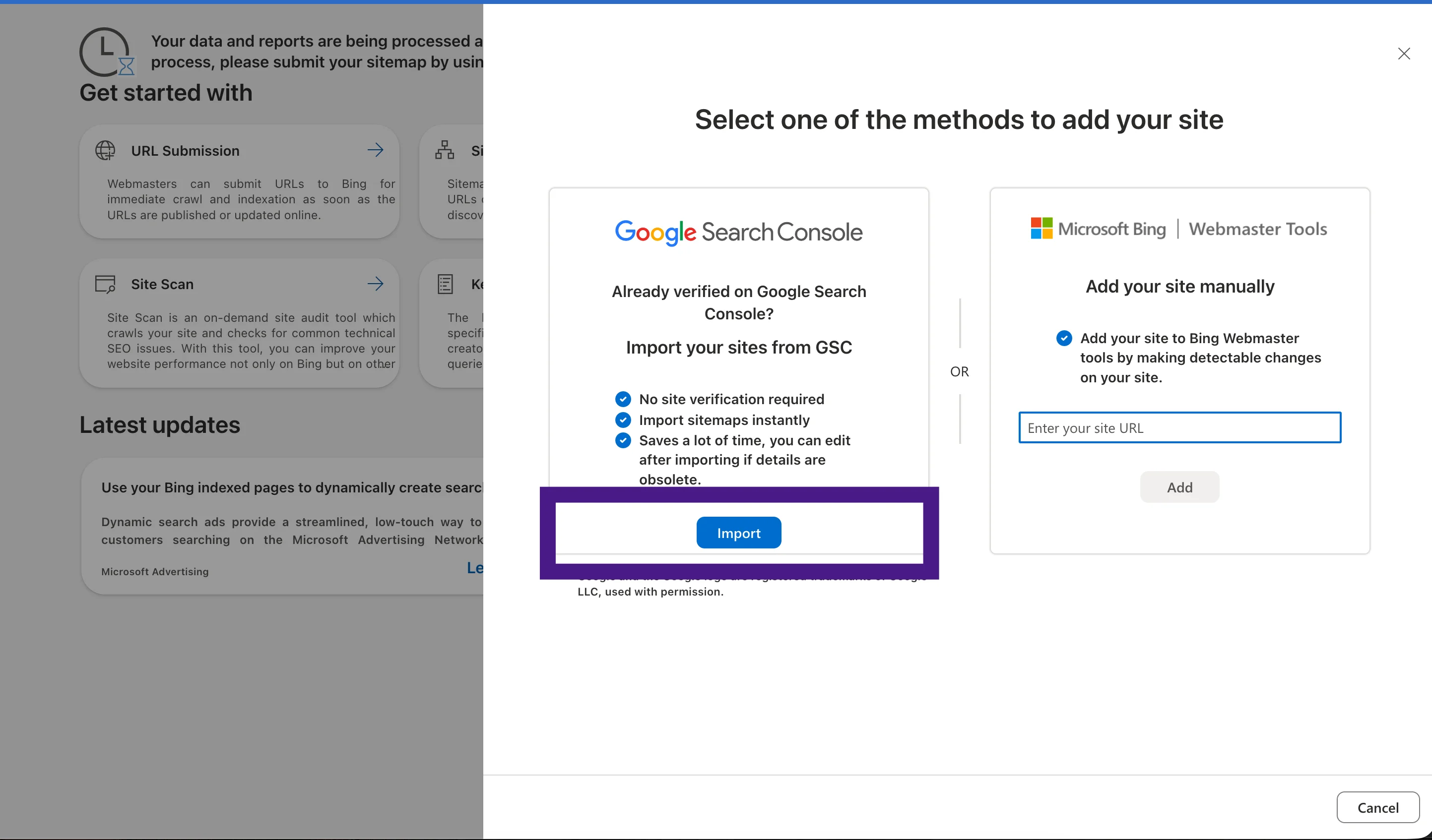 Экран Bing Webmaster Tools «Добавить свой