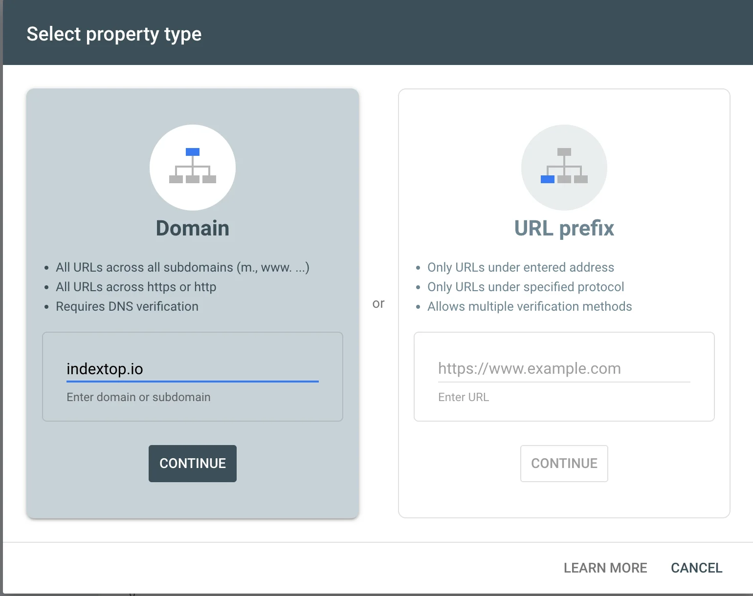 Ventana de Google Search Console "Select property type" con las opciones "Domain" (indextop.io introducido) y "URL prefix"