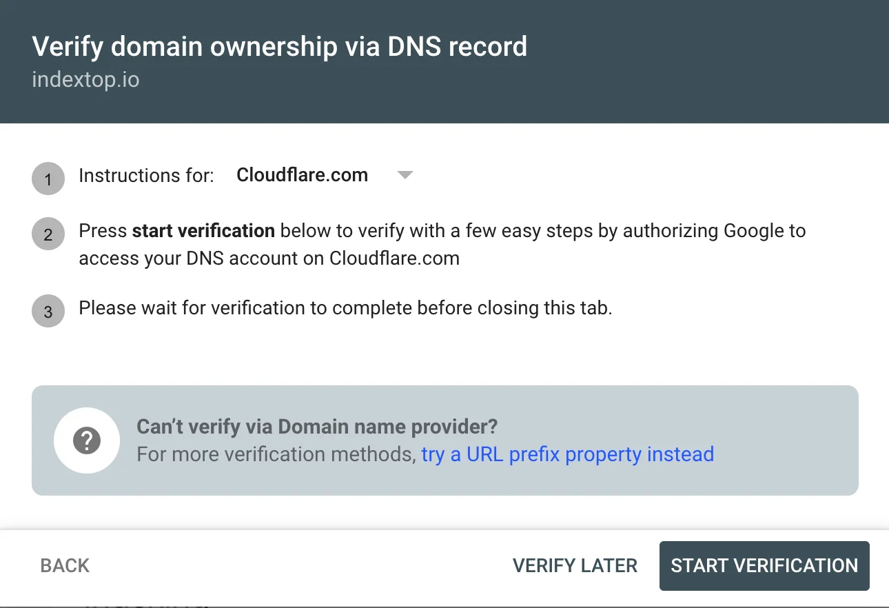 Captura de pantalla de IndexTop.io con instrucciones para verificar la propiedad del dominio mediante registro DNS de Cloudflare.com para Google.
