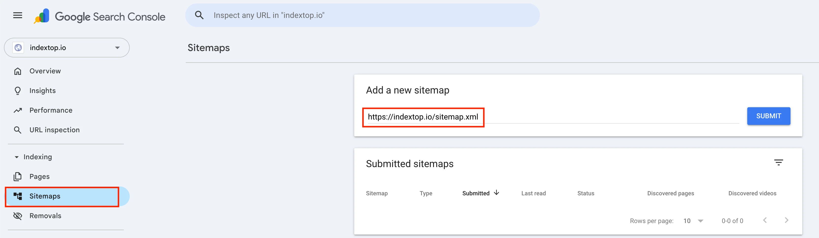 Captura de Google Search Console: sección "Sitemaps" con el campo para añadir un nuevo mapa del sitio indextop.io/sitemap.xml