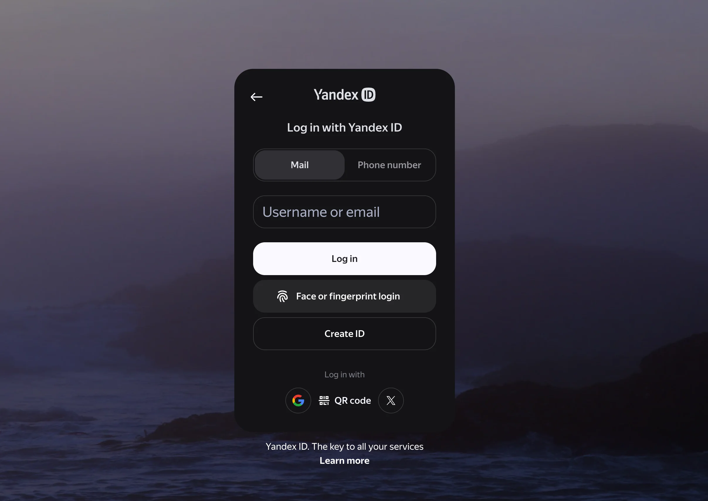 Ventana de inicio de sesión de Yandex ID con campos para correo electrónico, teléfono y opciones de acceso a la cuenta