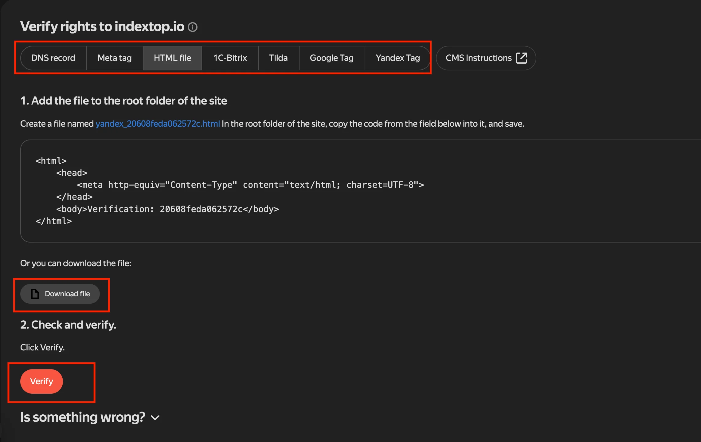 Interfaz de Yandex Webmaster con instrucciones para verificar la propiedad del sitio web subiendo un archivo HTML a la carpeta raíz