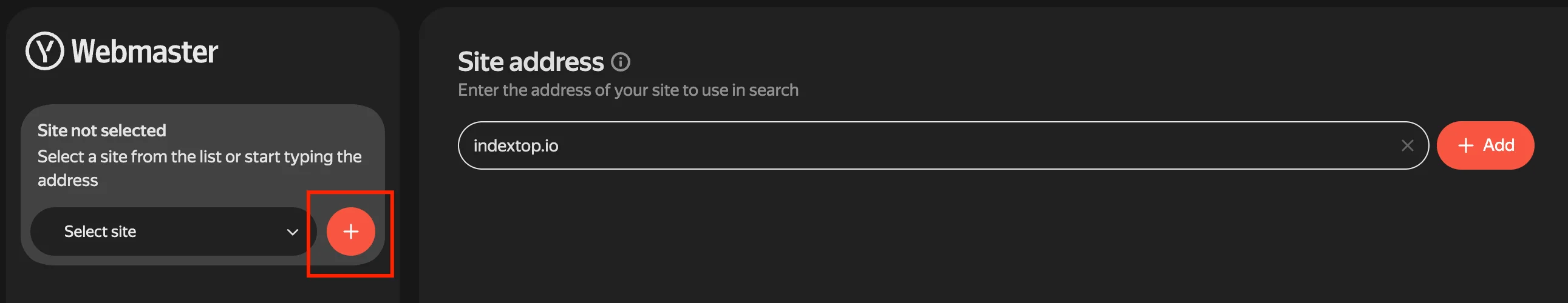 Interfaz de Yandex Webmaster con el campo para introducir la dirección del sitio web y el botón para añadir un nuevo recurso