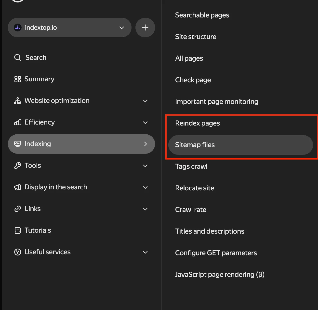 Menú lateral de Yandex Webmaster con la sección de indexación destacada y la opción Sitemap files para gestionar el mapa del sitio