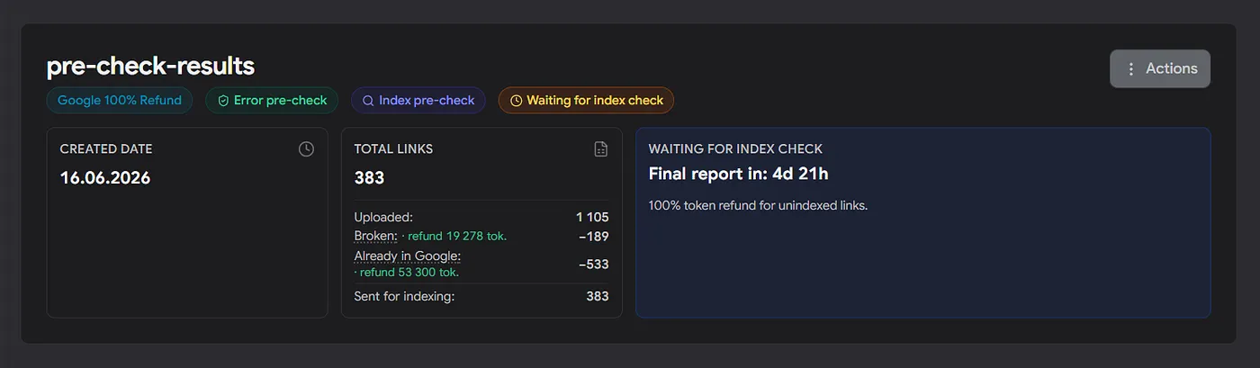 Дашборд SpeedyIndex «pre-check-results»: всього 383 посилання, статус «Очікування перевірки індексації» та «Фінальний звіт через: 4д 21г».