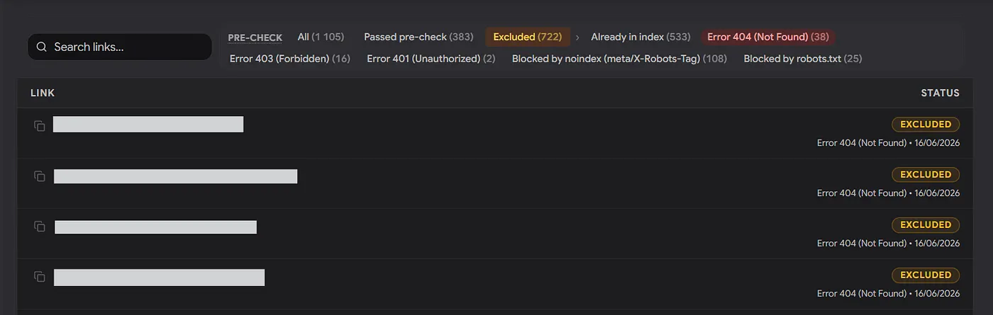 Дашборд SpeedyIndex Pre-Indexing Link Check: 722 виключених посилання, з яких 38 — помилка 404 (Not Found)