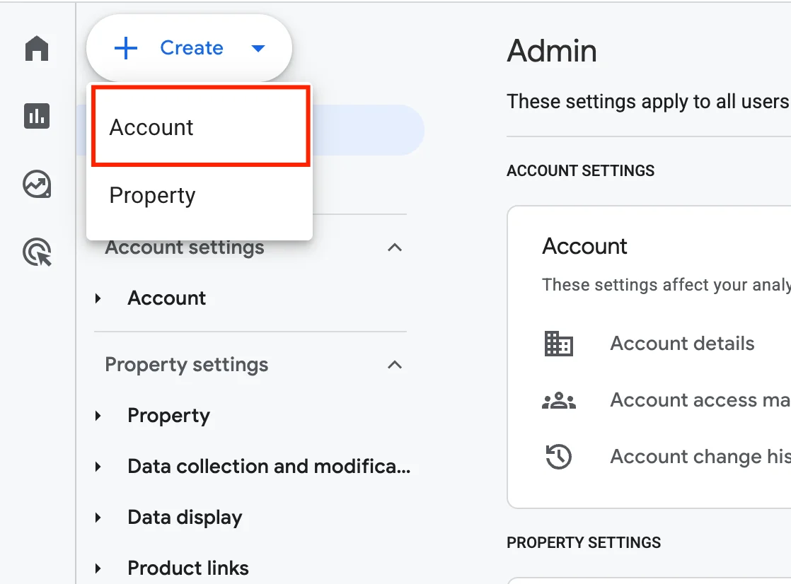 Выпадающее меню создания аккаунта в панели администратора Google Analytics с выделенным пунктом Account
