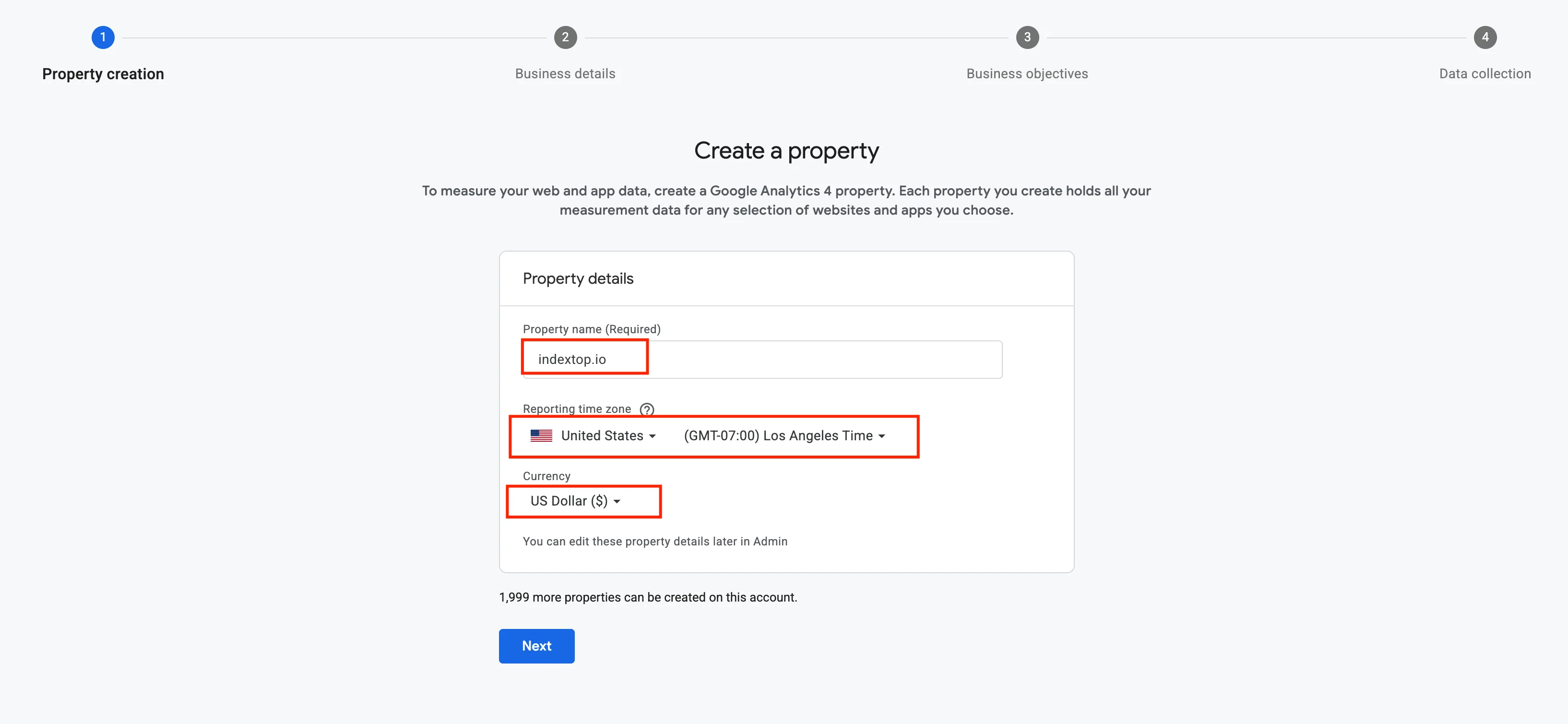 Интерфейс создания ресурса в Google Analytics 4 с полями для названия, часового пояса и валюты