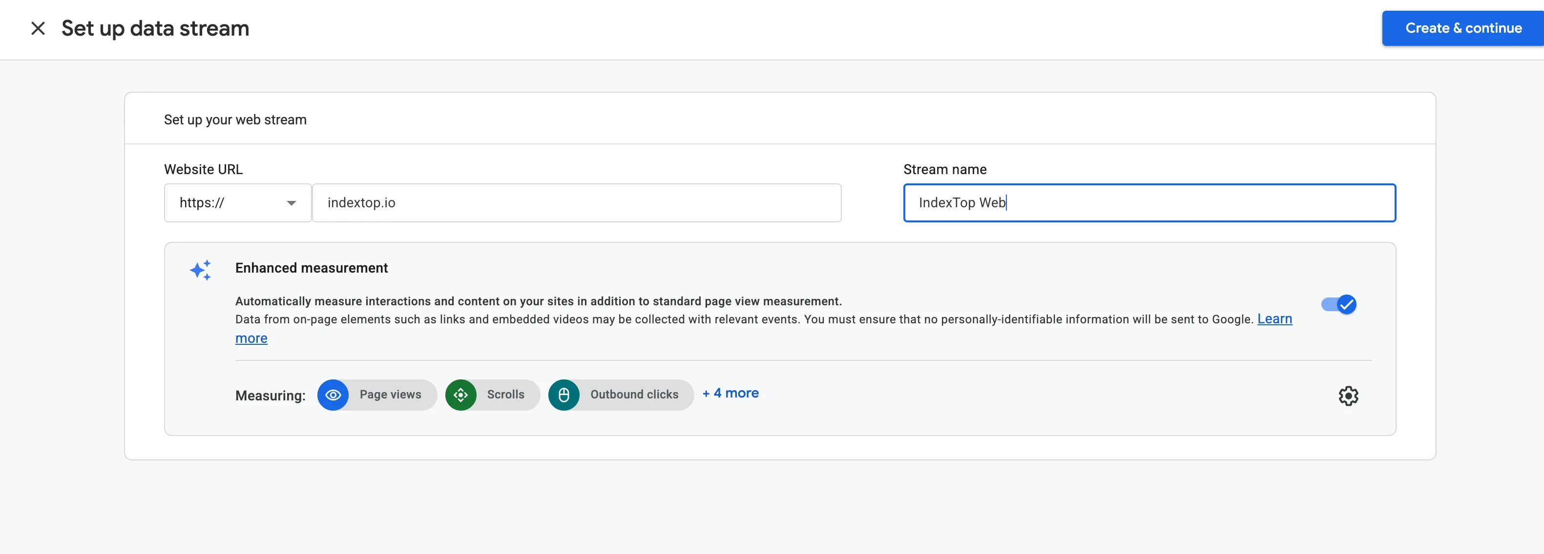 Настройка потока данных в Google Analytics с указанием URL сайта и включенной функцией расширенного отслеживания