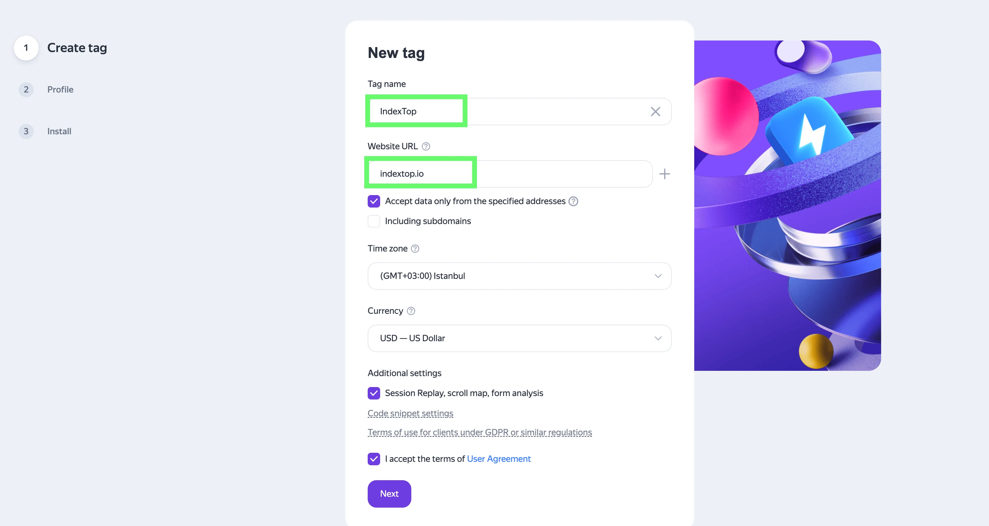 Окно создания нового тега с полями "Tag name" (IndexTop) и "Website URL" (indextop.io) и кнопкой "Next".