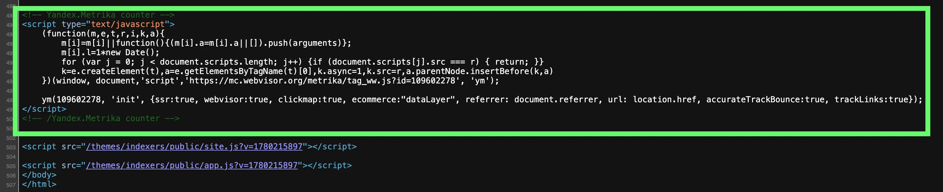 Код JavaScript счетчика Яндекс.Метрики с ID 109602278, выделенный зеленым цветом, на черном фоне.