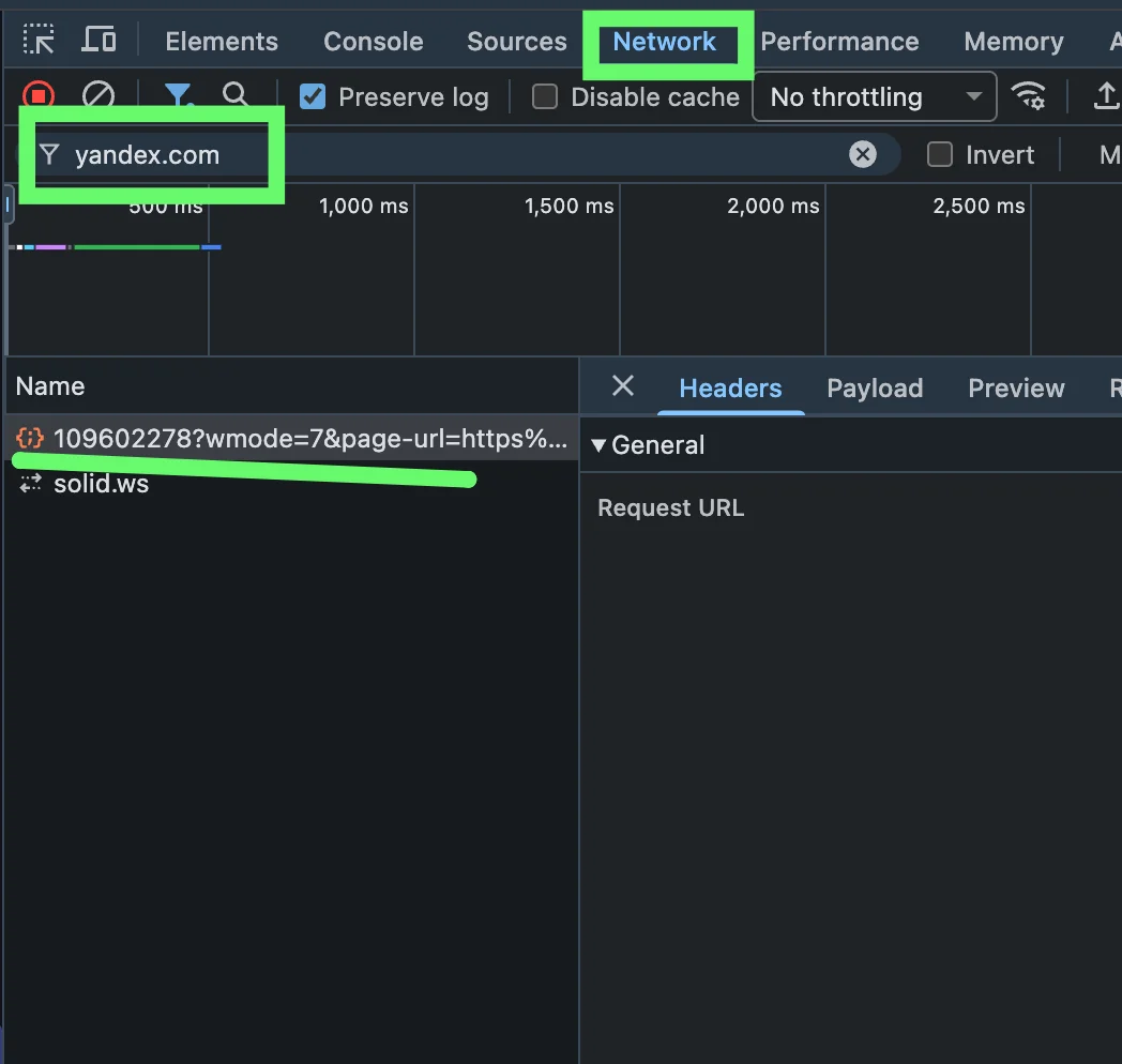 Интерфейс вкладки Network в инструментах разработчика браузера, с фильтром yandex.com и запросом solid.ws