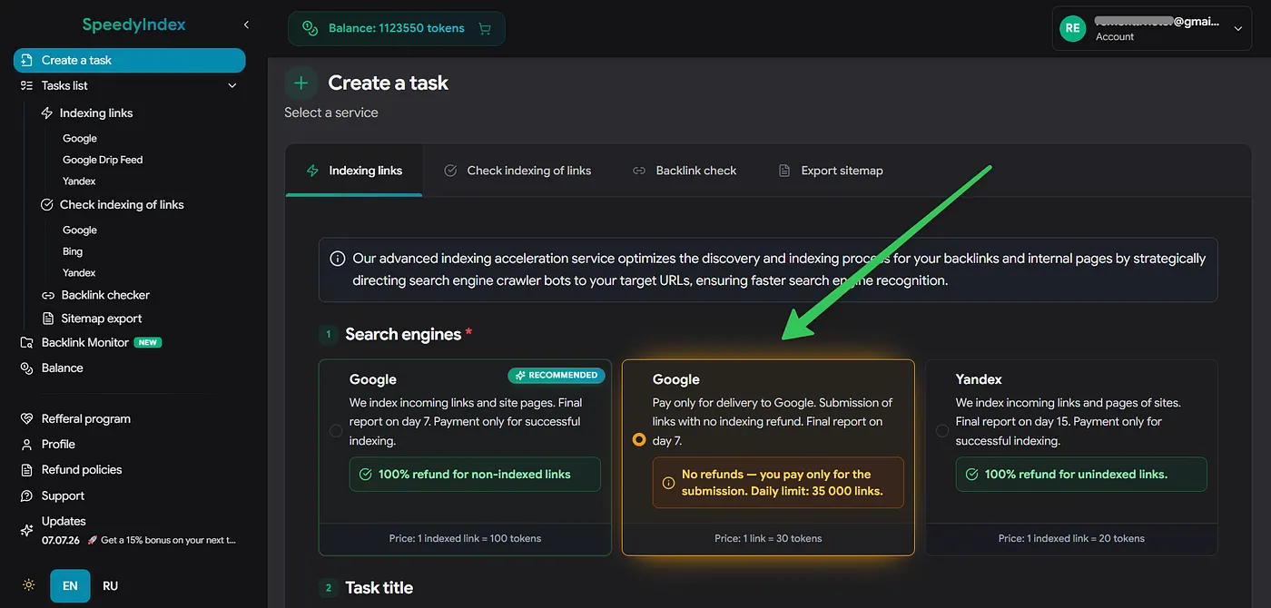 Selecting the Pay-per-Submit pricing model in the SpeedyIndex web dashboard