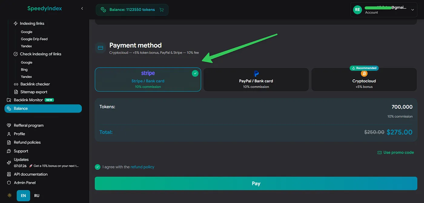 Topping up SpeedyIndex balance with a bank card via Stripe