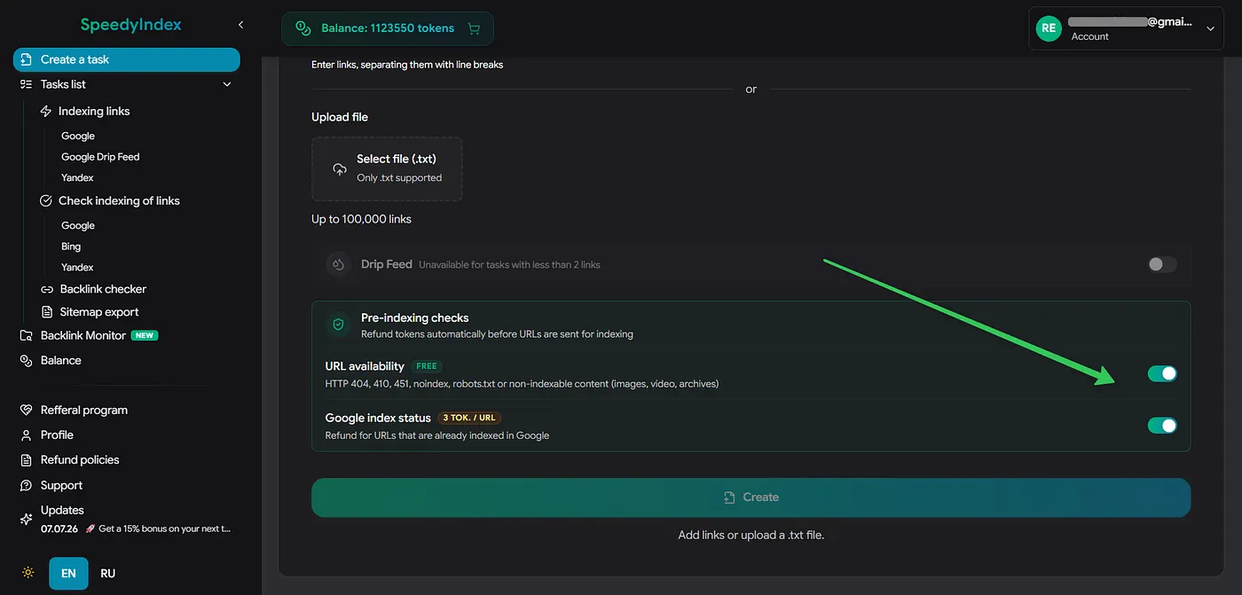 Pre-check Links: Automatically filter out broken, invalid, or already-indexed URLs in task.