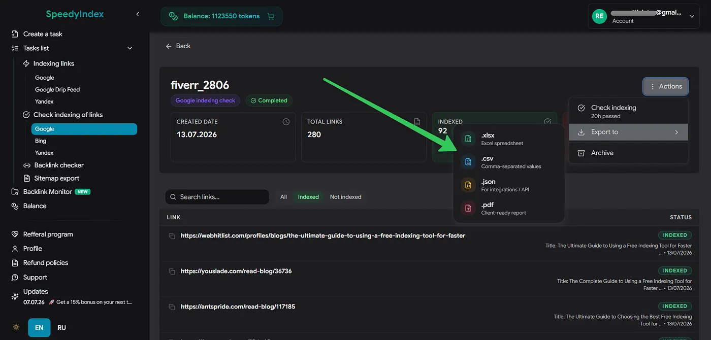 Exporting indexing reports in PDF, CSV, JSON, and XLSX formats