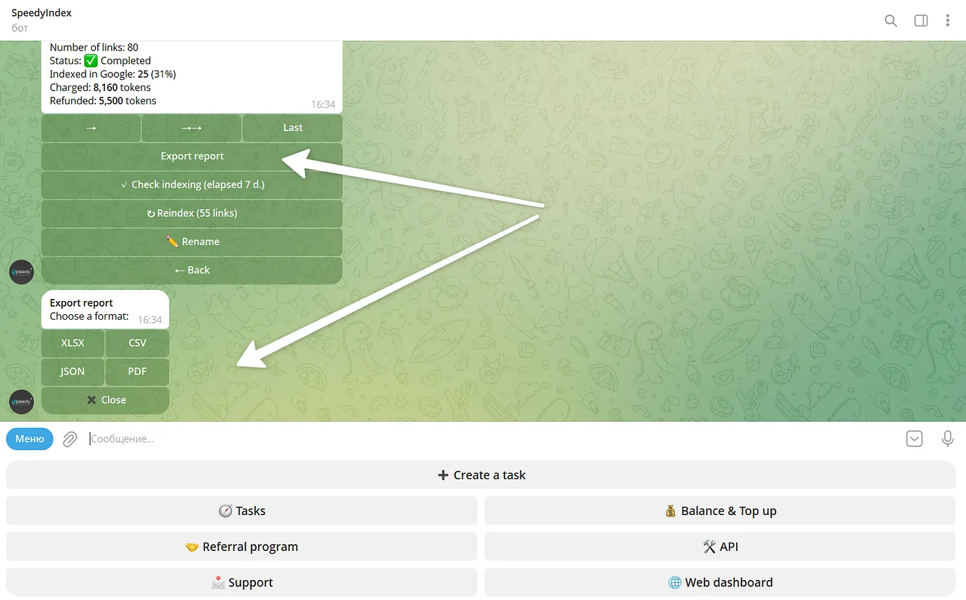 Exporting Speedyindex reports in PDF, CSV, JSON, and XLSX formats