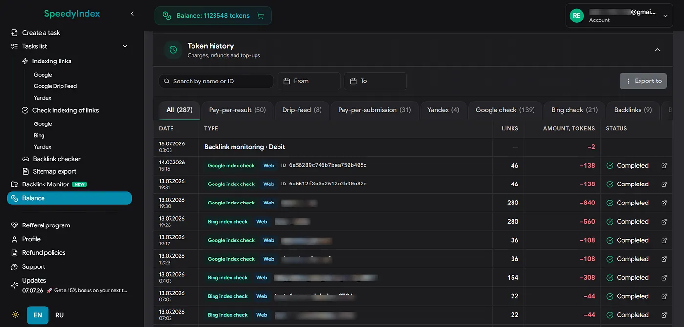 Token spending statistics across all task types with date filtering and report export menu in SpeedyIndex.